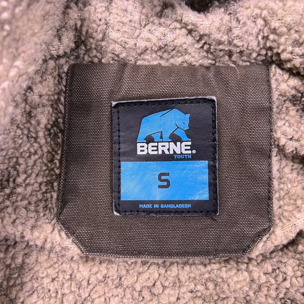 Berne Sherpa Lined Hooded Canvas Work Jacket Youth Small 7-8 Brown‎ Cotton